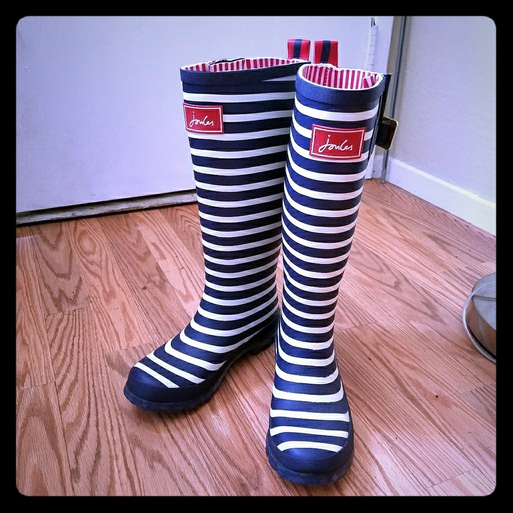 Navy blue and white striped rain boots